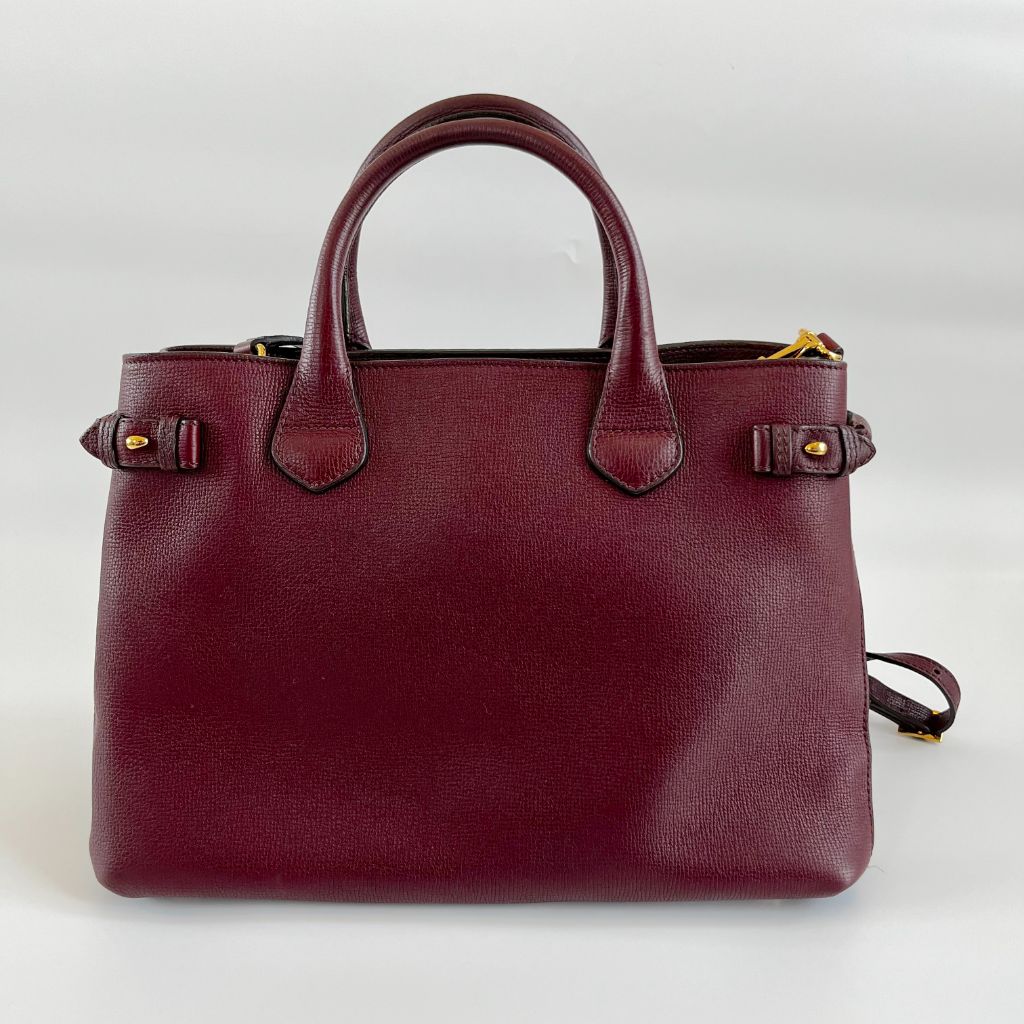 Burberry Burgundy Leather and House Check Canvas Medium Banner Tote