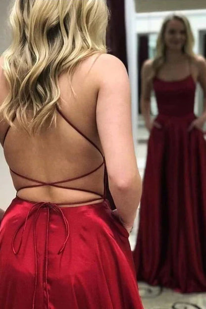 Sexy A Line Spaghetti Straps Red Backless Prom Dresses Long Party Dress SD2265