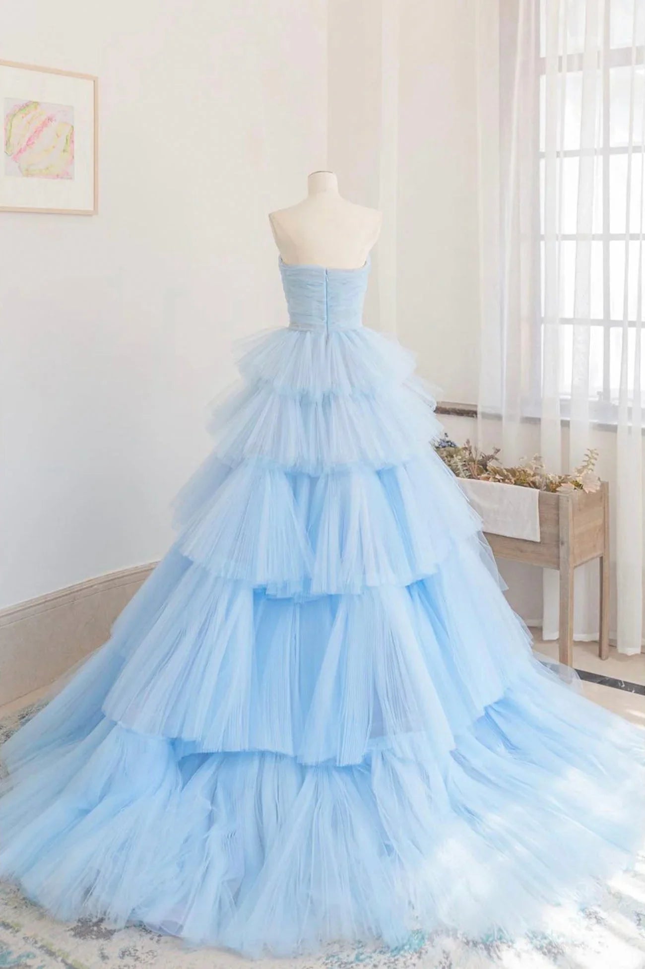 Blue A-Line Strapless Tulle Layers Long Prom Dress Evening Dress SH1636