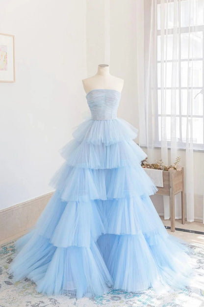 Blue A-Line Strapless Tulle Layers Long Prom Dress Evening Dress SH1636