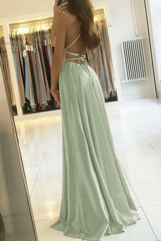 Simple A Line Sage Green Long Prom Dress With Slit Evening Party Dress KX79