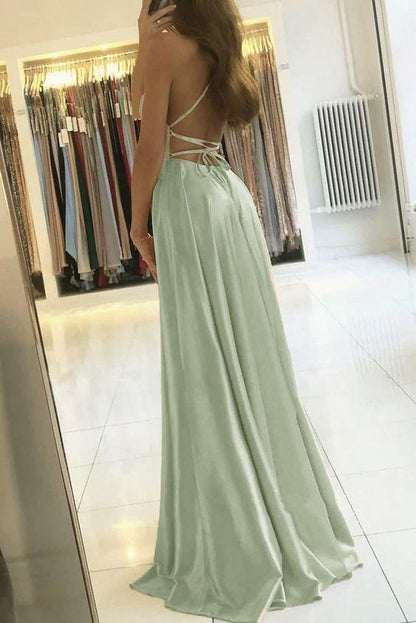 Simple A Line Sage Green Long Prom Dress With Slit Evening Party Dress KX79