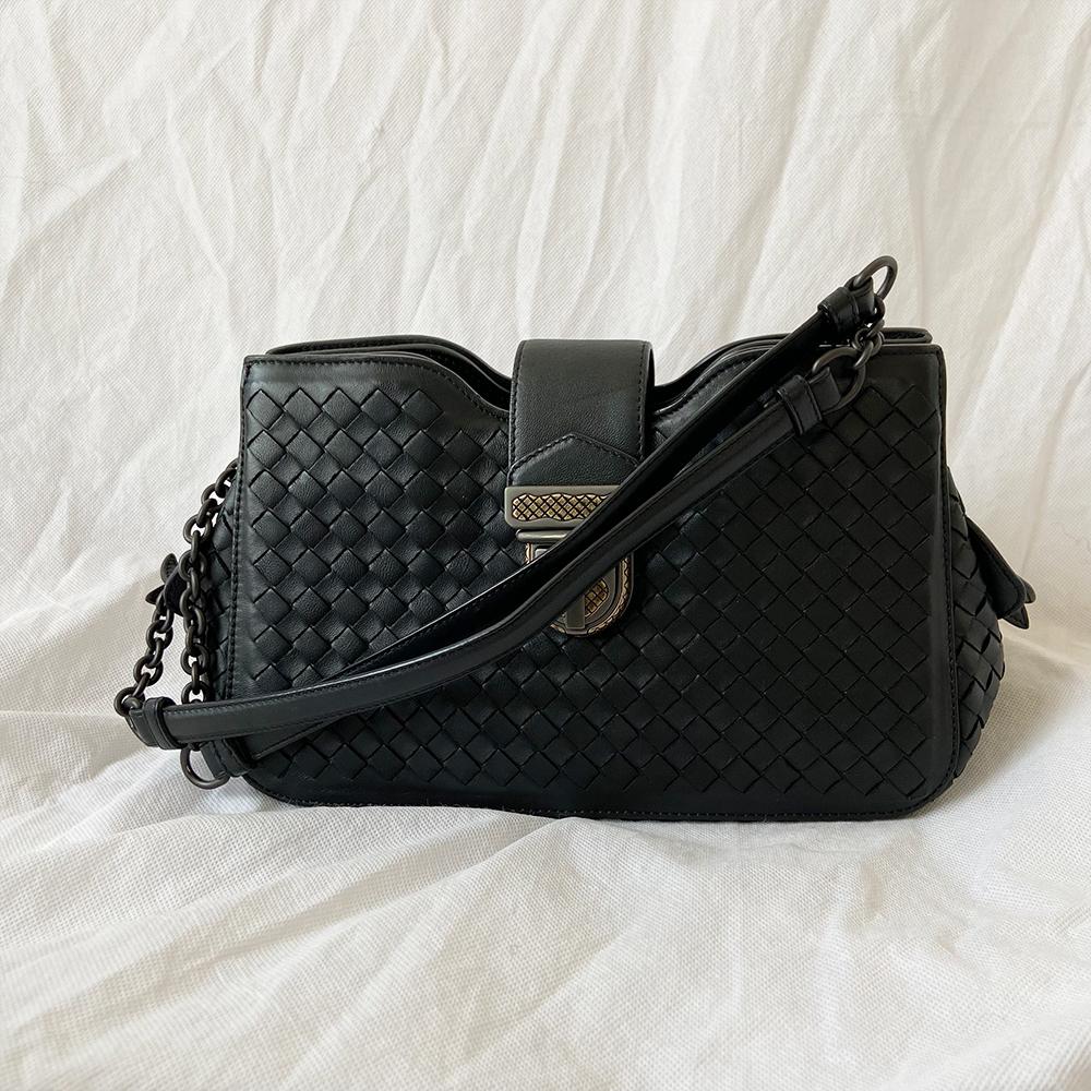 Bottega Veneta Black Intrecciato Leather Mini Roma Shoulder Bag
