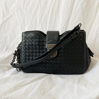 Bottega Veneta Black Intrecciato Leather Mini Roma Shoulder Bag