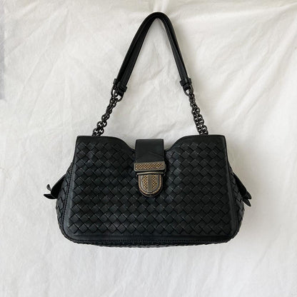 Bottega Veneta Black Intrecciato Leather Mini Roma Shoulder Bag