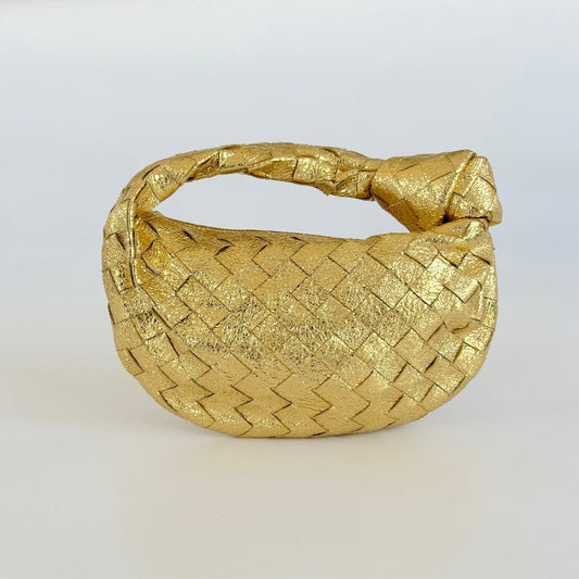 Bottega Veneta Metallic Gold Intrecciato Leather Mini BV Jodie Bag