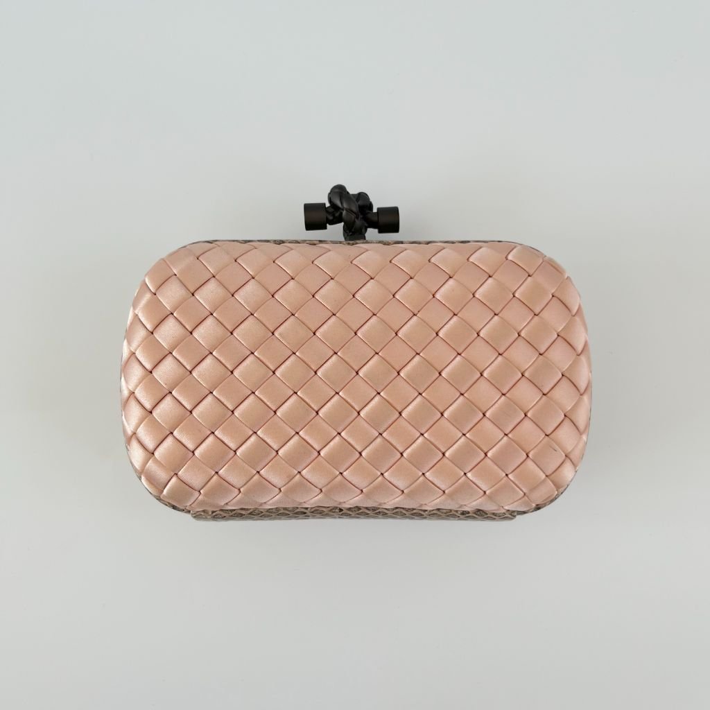 Bottega Veneta Pink intrecciato Satin and Python Trim knot Clutch