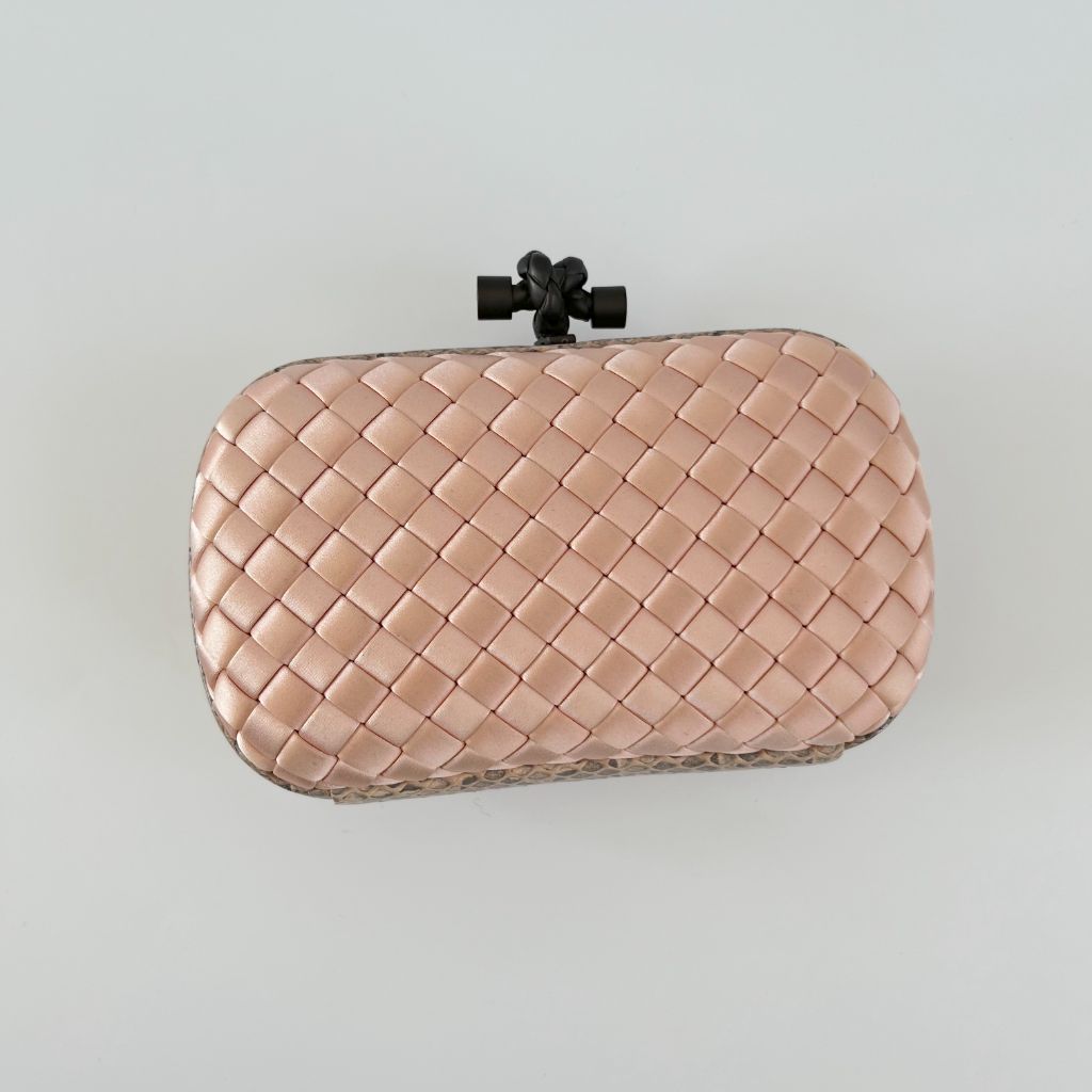 Bottega Veneta Pink intrecciato Satin and Python Trim knot Clutch