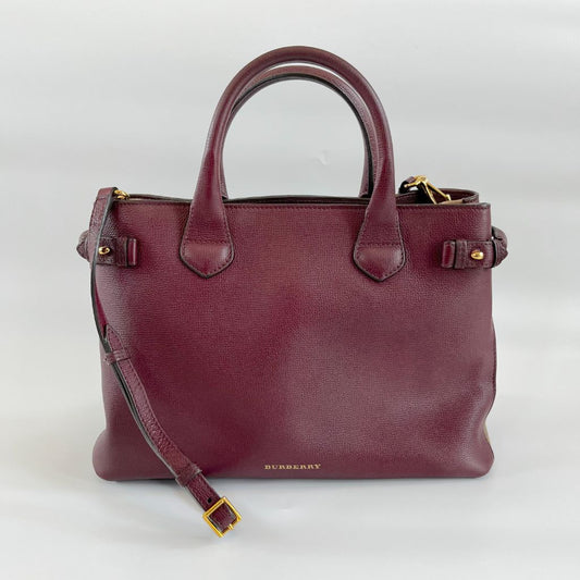 Burberry Burgundy Leather and House Check Canvas Medium Banner Tote