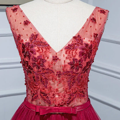 Burgundy V Neck Appliques Tulle Long Prom Dress Evening Dress SH1627