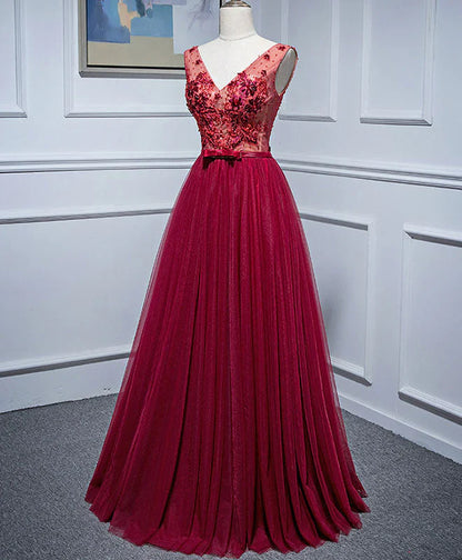 Burgundy V Neck Appliques Tulle Long Prom Dress Evening Dress SH1627