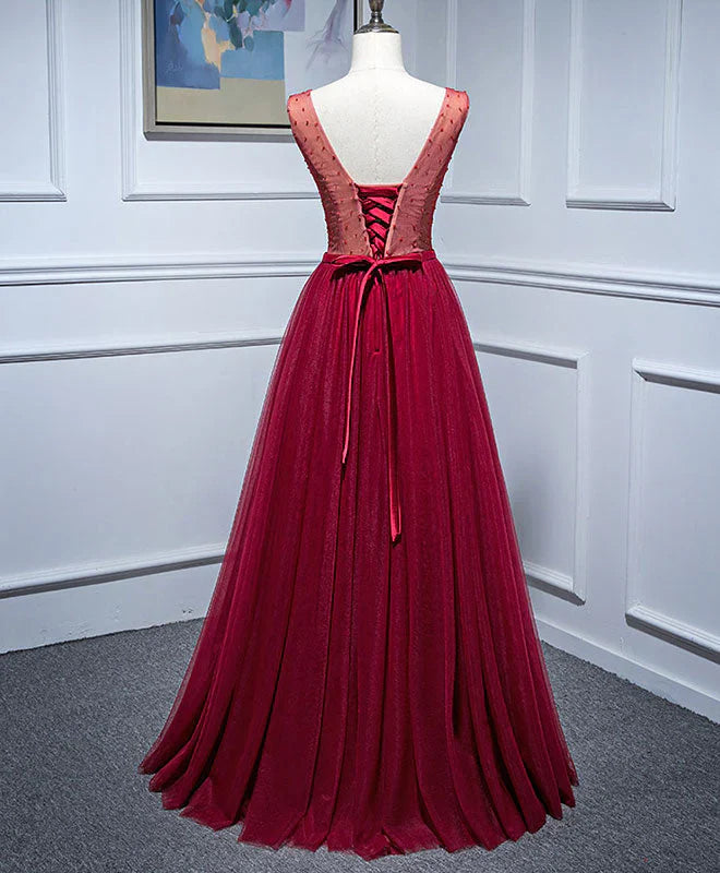 Burgundy V Neck Appliques Tulle Long Prom Dress Evening Dress SH1627