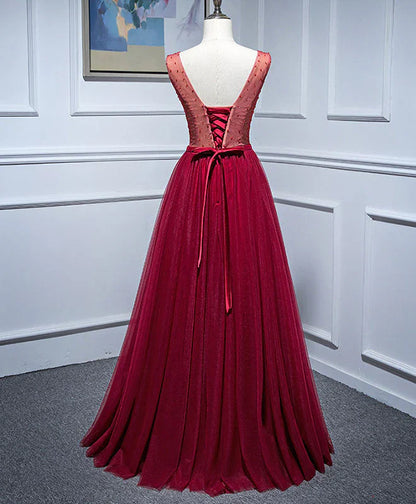Burgundy V Neck Appliques Tulle Long Prom Dress Evening Dress SH1627