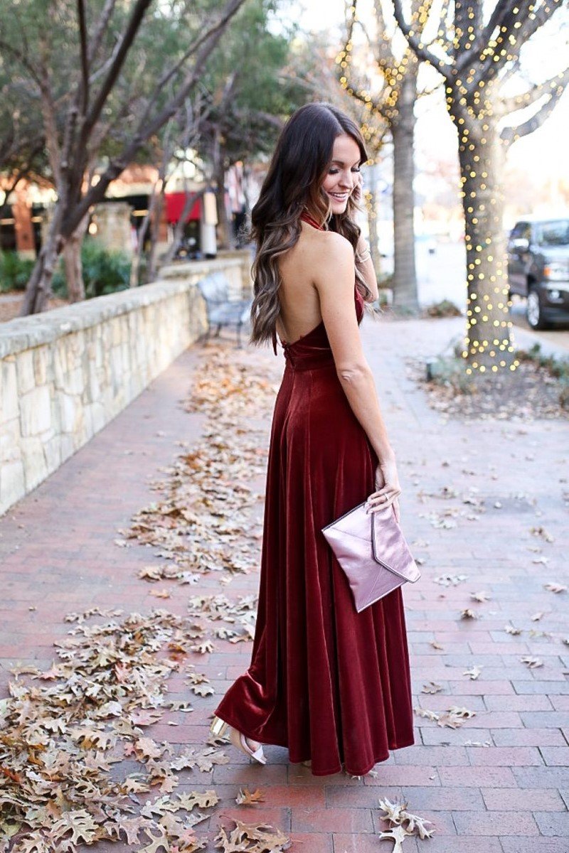 Burgundy Velvet Floor-Length Prom Dress Halter Neck
