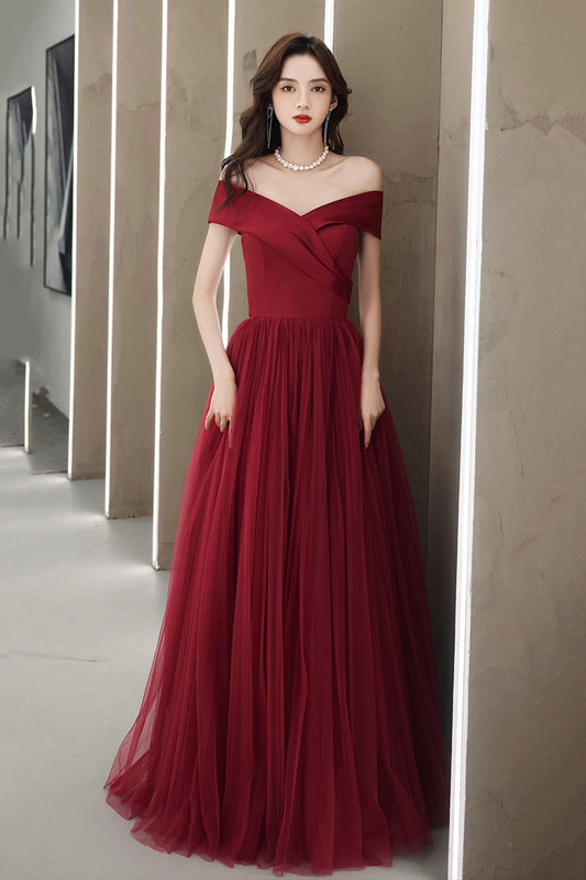 Burgundy Off the Shoulder Tulle Long Prom Dress, A-Line Evening Party Dress