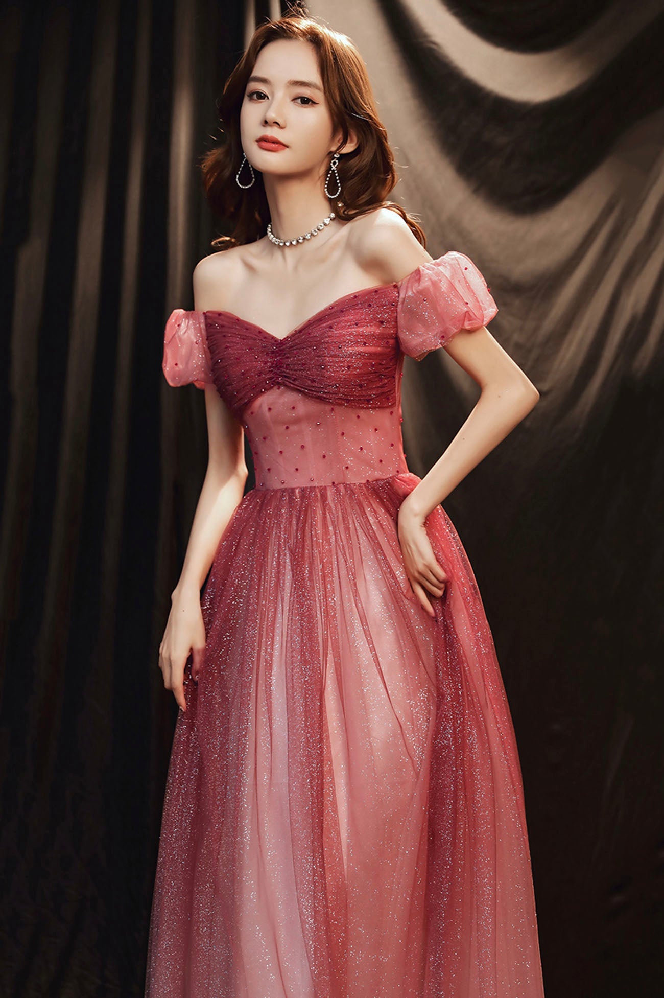 Burgundy Tulle with Beaded A-Line Party Dress, Off the Shoulder Evening Dress