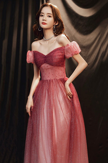 Burgundy Tulle with Beaded A-Line Party Dress, Off the Shoulder Evening Dress