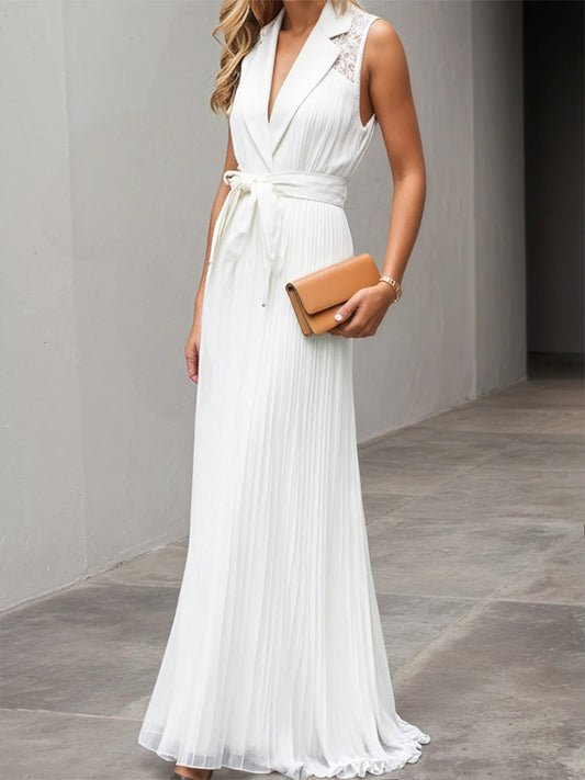 White Lace Pleated Chiffon Lapel Collar Sleeveless A-Line Maxi Dress