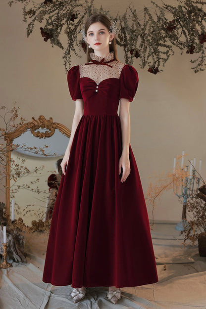 Burgundy Velvet Tea Length Prom Dress, Cute Short Sleeve Evening Party Dress