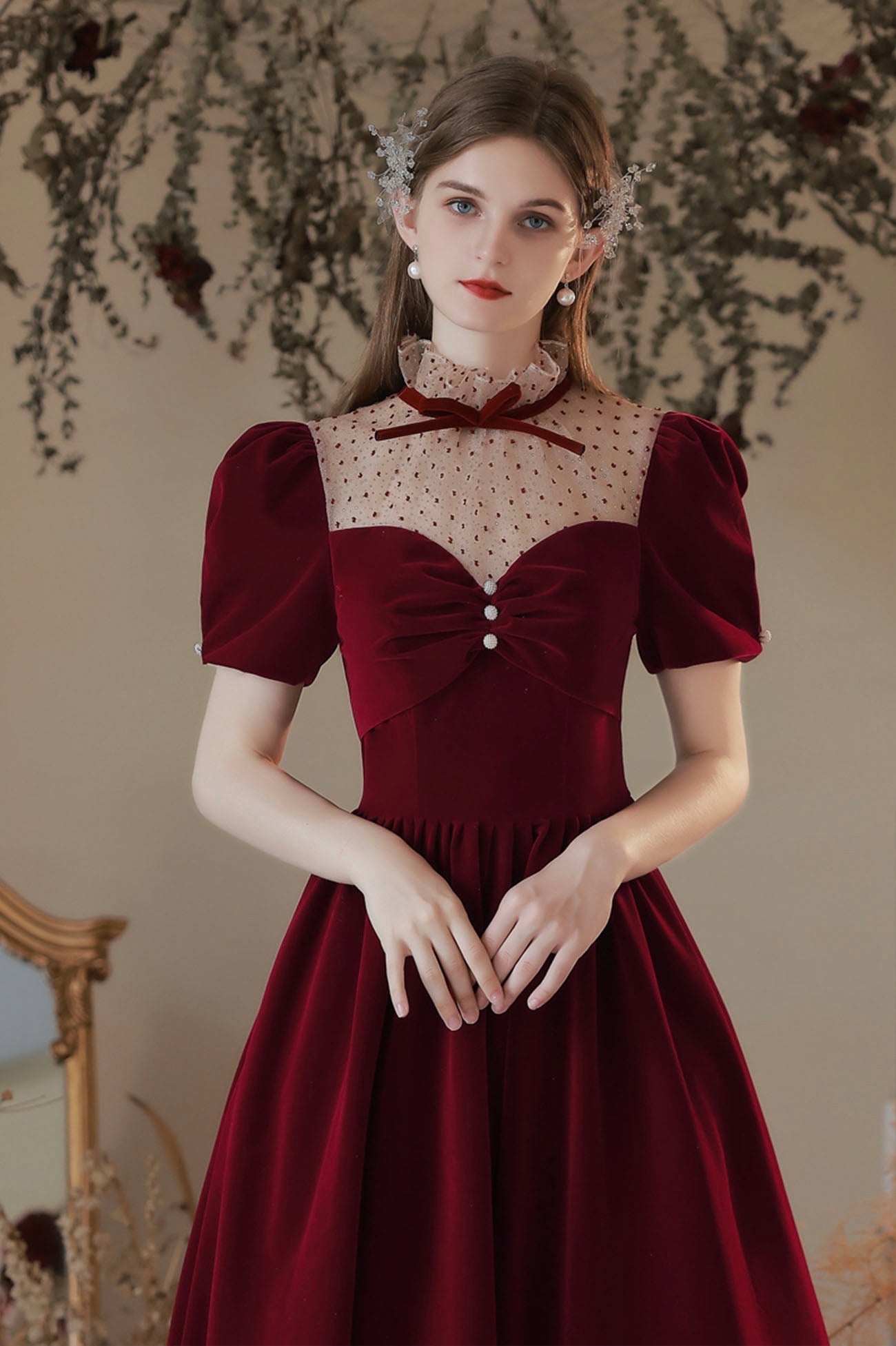 Burgundy Velvet Tea Length Prom Dress, Cute Short Sleeve Evening Party Dress