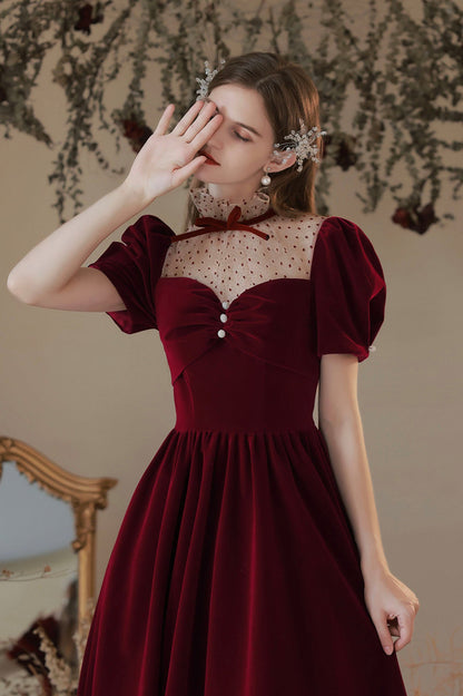 Burgundy Velvet Tea Length Prom Dress, Cute Short Sleeve Evening Party Dress
