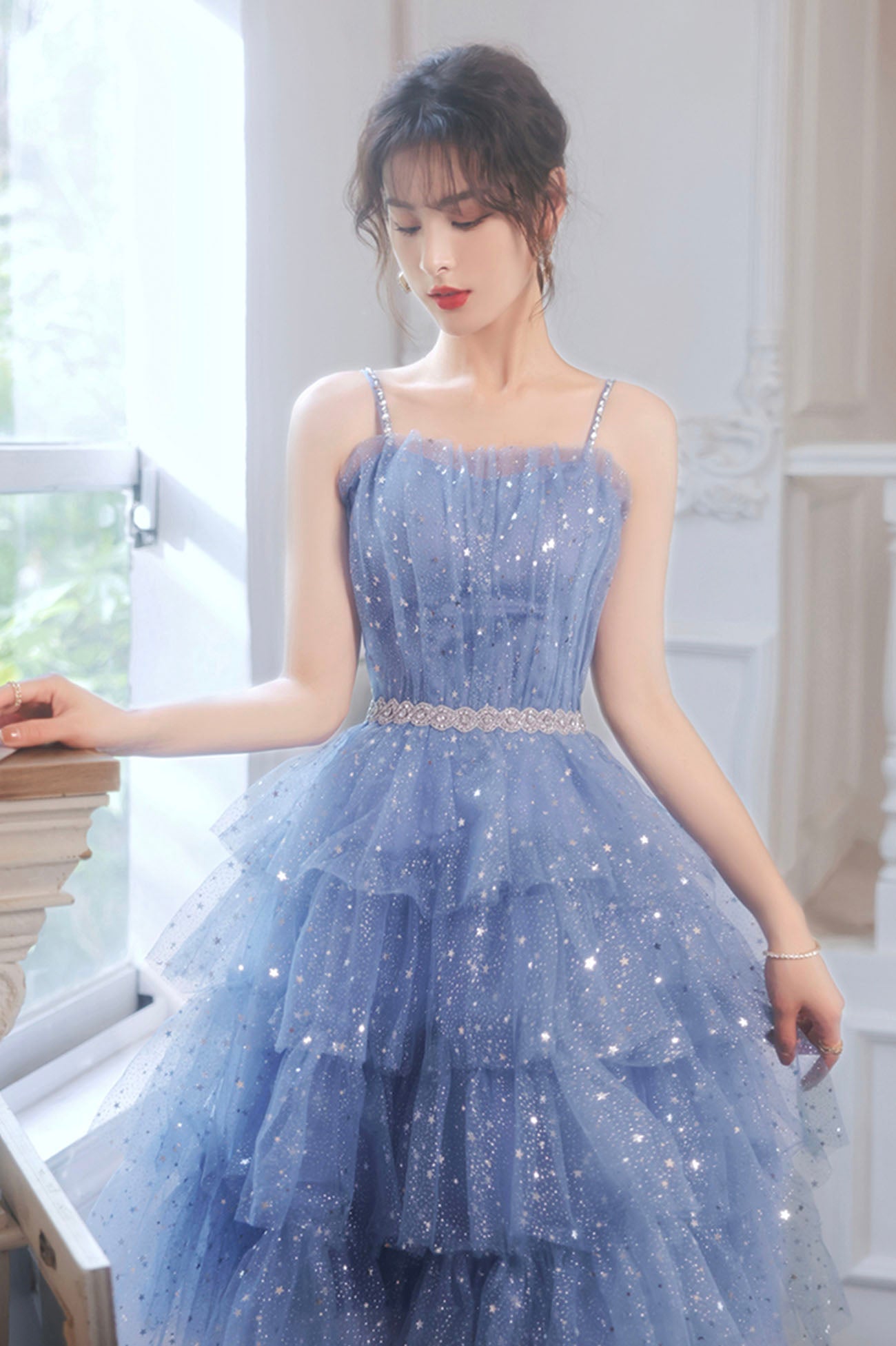 Spaghetti Strap Tulle Short Prom Dress, Cute Blue Homecoming Party Dress