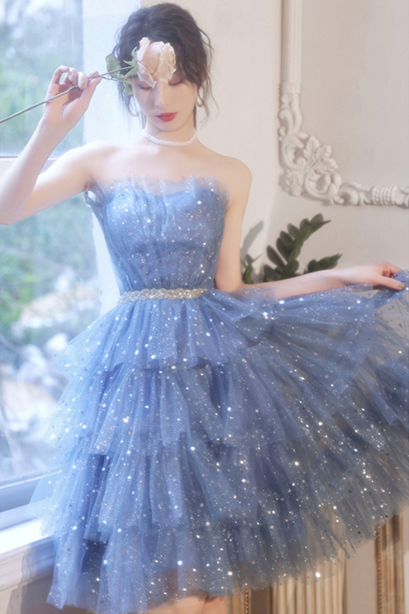 Spaghetti Strap Tulle Short Prom Dress, Cute Blue Homecoming Party Dress