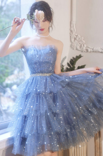 Spaghetti Strap Tulle Short Prom Dress, Cute Blue Homecoming Party Dress