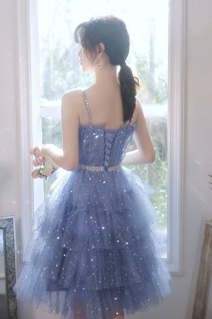 Spaghetti Strap Tulle Short Prom Dress, Cute Blue Homecoming Party Dress