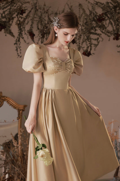 Beautiful Satin Short Prom Dress, A-Line Short Sleeve Homecoming Party Dress