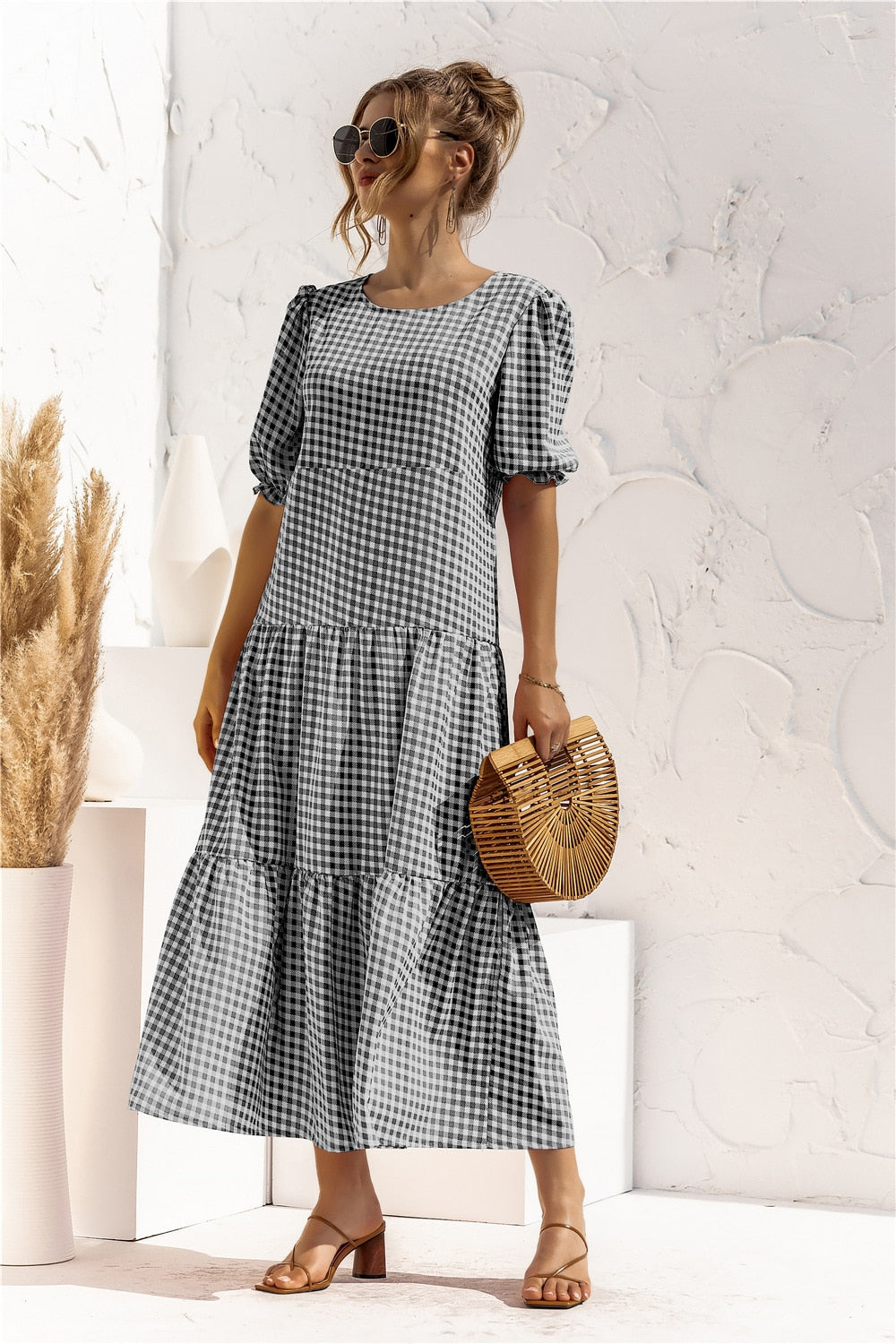 loveedsTM-Summer Polka Dot Plaid Print Robe Maxi Dress Women Elegant Puff Sleeve Casual Patchwork Loose Holiday Party Long Vestidos
