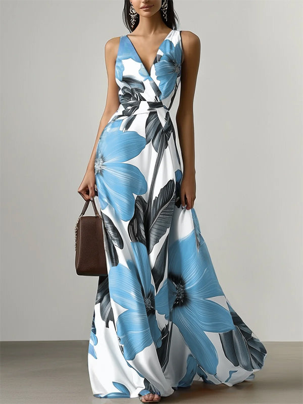 V-neck Sleeveless Printed Maxi Dress