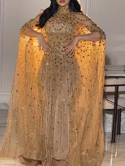 Sequined Mesh Solid Color Maxi Dress