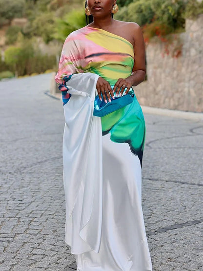 Asymmetric Flower Print Long Sleeves Loose One-shoulder Maxi Dress