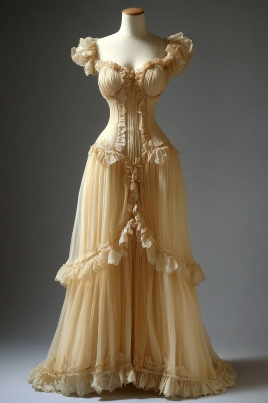 Cute A Line Puff Sleeve Yellow Lace Tulle Long Prom Dress Evening Dress SH2545
