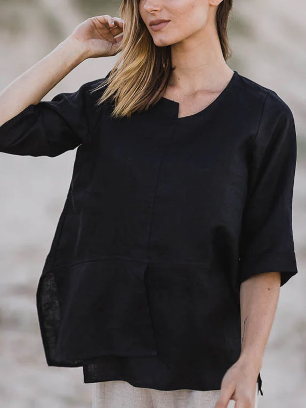 Solid Color Cotton And Linen Top