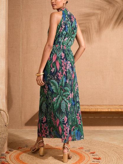 Tropical Mesh Halterneck Maxi Dress