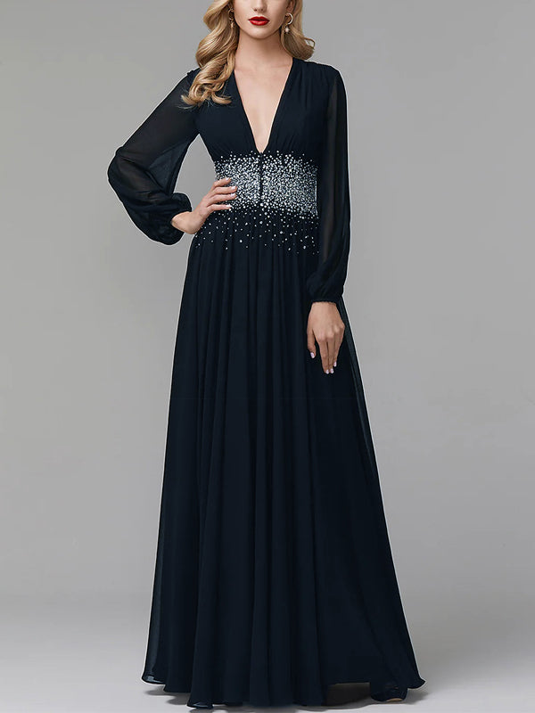 V-neck Chiffon Long Sleeve Solid Color Maxi Dress