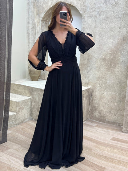 V-neck Long Sleeve Solid Color Maxi Dress
