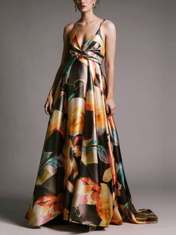 Floral Print Suspenders Maxi Dress