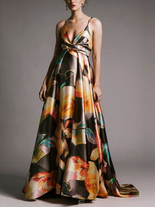 Floral Print Suspenders Maxi Dress