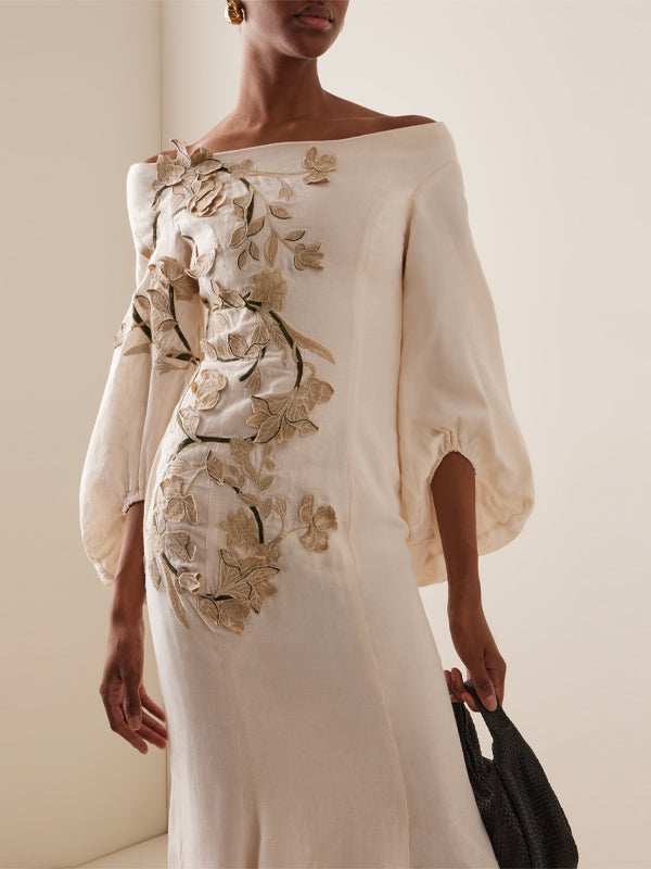 Off-shoulder Embroidery Maxi Dress