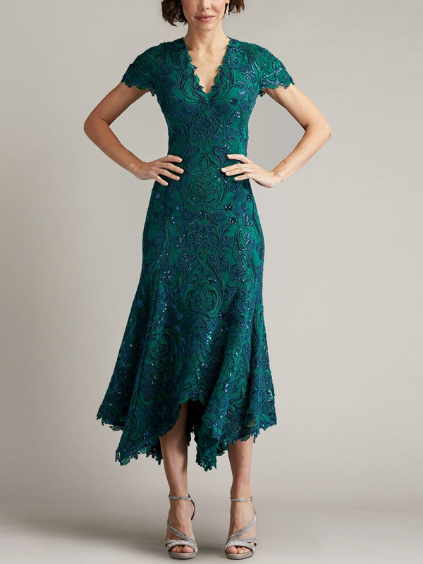 V-Neck Lace Short Sleeve Solid Color Midi Dress