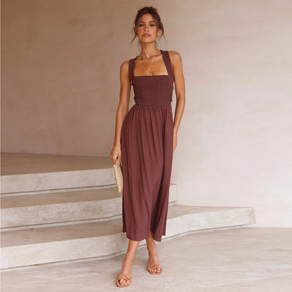 loveedsTM-Women Cross Bandage Midi Dress Summer New Sexy Backless Solid Color Bow Casual High Waist Black Stretchy Party Holiday Vestidos