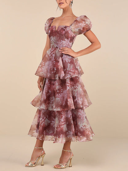 Rust Floral Organza Puff Sleeve Tiered Midi Dress