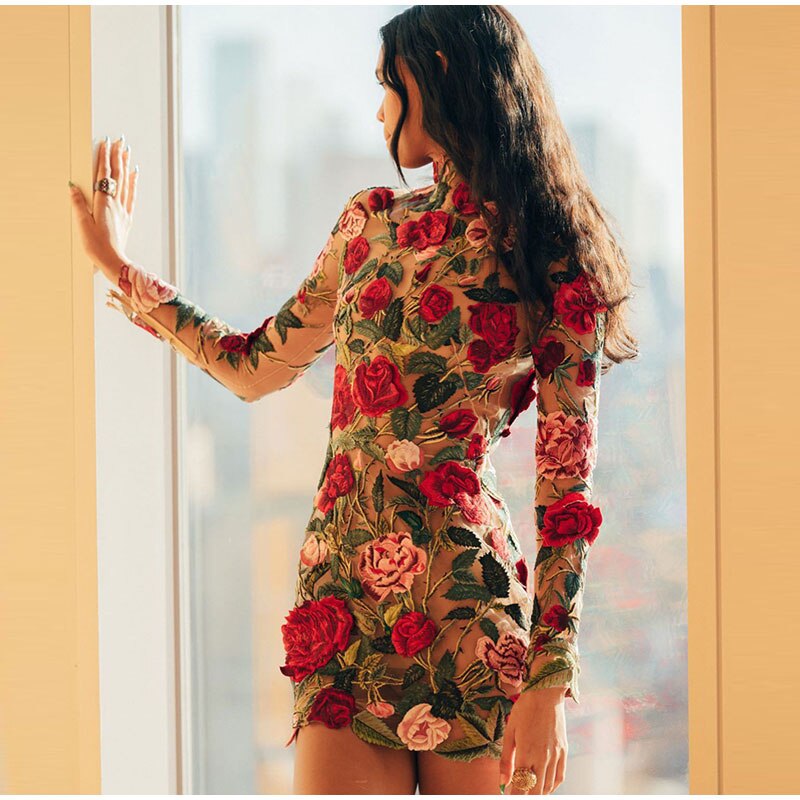 loveedsTM-Flower Print Embroidery Mini Dress Women Half High Collar Long Sleeve Hip Package Dresses Female Autumn Elegant Lady Vestidos
