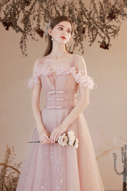 Pink Off the Shoulder Tulle Prom Dress, Pink Long Formal Dress