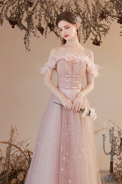 Pink Off the Shoulder Tulle Prom Dress, Pink Long Formal Dress