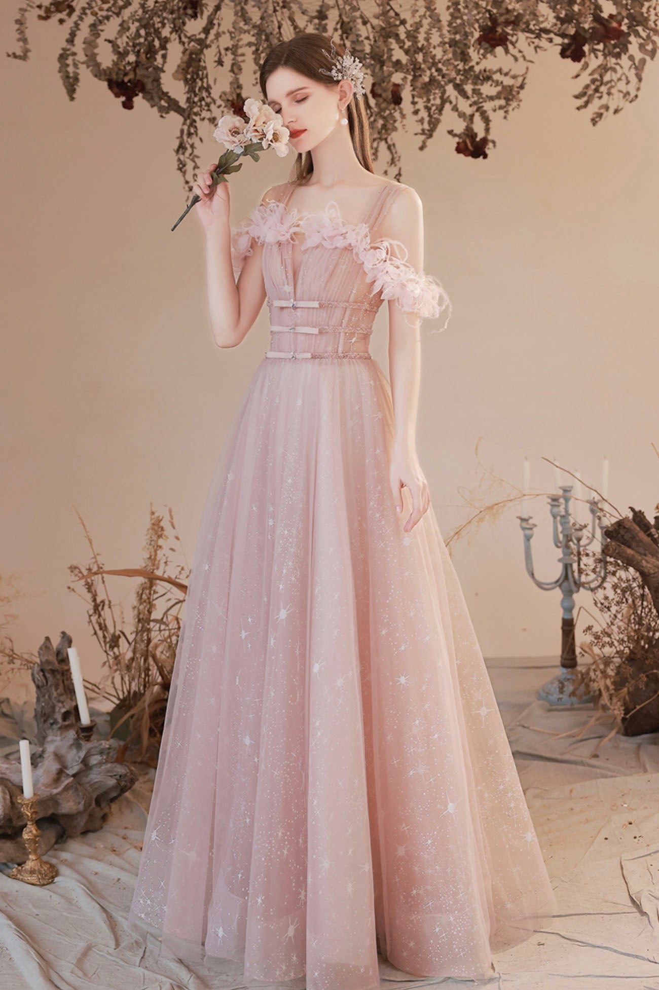 Pink Off the Shoulder Tulle Prom Dress, Pink Long Formal Dress
