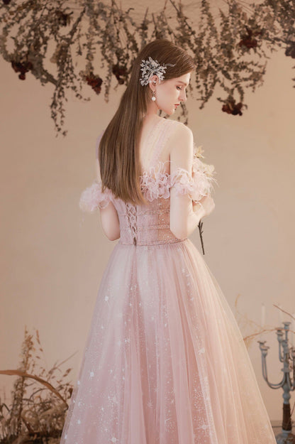 Pink Off the Shoulder Tulle Prom Dress, Pink Long Formal Dress